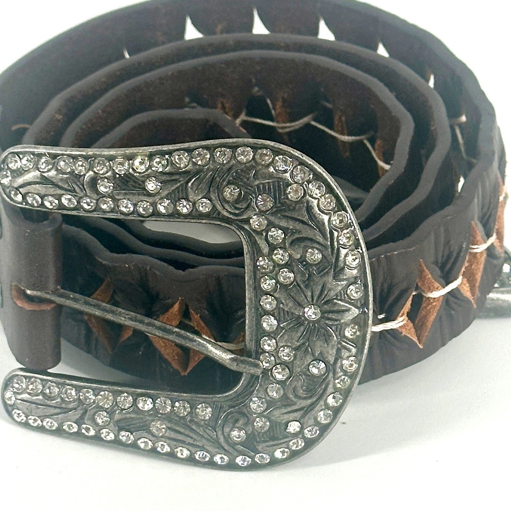 Western Belt Women Large Brown Leather Rhinestone Buckle Cutout Cowgirl Y2K